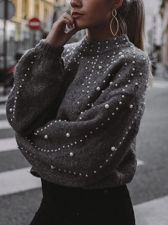 Round Neck Loose Nail Pearl Knitting Sweater