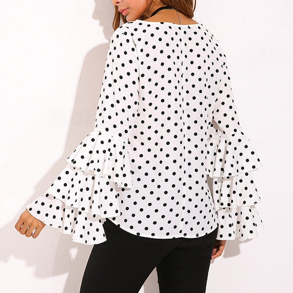 Casual O-Neck Dot three-layer Ruffles sleeve T-shirt