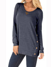 New Solid O-Neck Long Sleeve Patch Button T-shirt