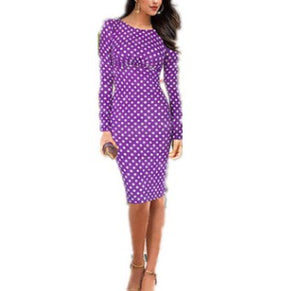 Dots Round Neck Long Sleeve Slim Bodycon Dress