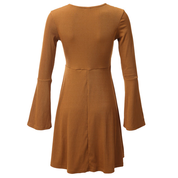 Solid Color Long Sleeve V-Neck Knit Dress