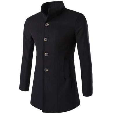 New Fashion Solid Color Lapel Long Men's Wool Coat