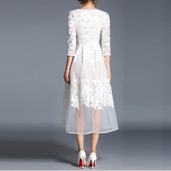 White V-Neck Lace Embroidery Party Dress