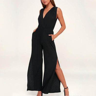 Side Vents With Wide Legs V-Neck Backless Jumpsuits