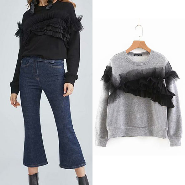 Ruffled Decorative O-Neck Long-Sleeved Sweatshirt