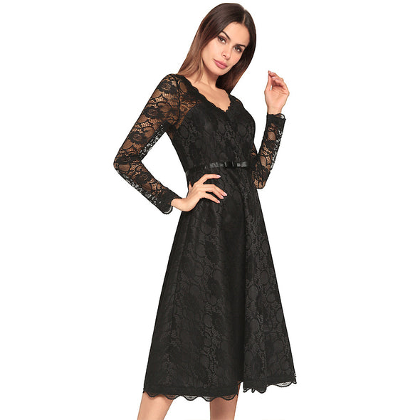 Lace Patchwork Hollow Out Solid V-Neck Sexy Midi Dress