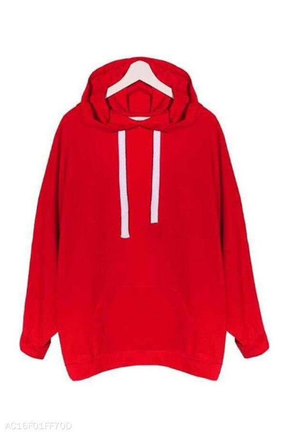 Hooded  Drawstring Kangaroo Pocket  Plain  Batwing Sleeve Hoodies