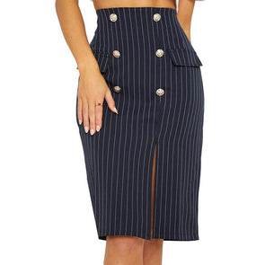 Striped High Waist Side Slit Female Skirt