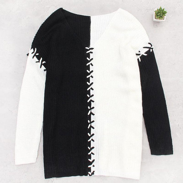 V Collar Rope Color Matching Sweater