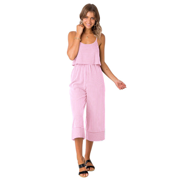 Women's striped hanging bandwidth loose jumpsuit