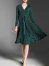 Women's New V-Neck Long Sleeve Knit Silk Pleated Dress