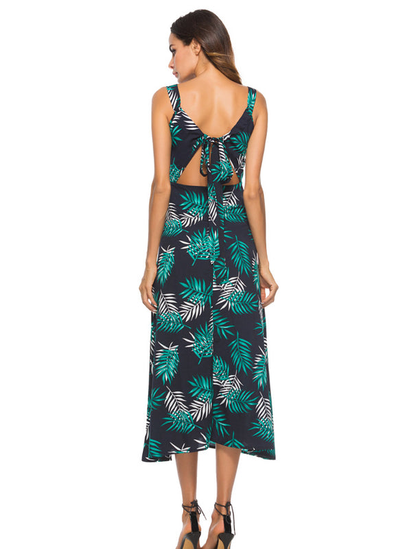 Fashion Printed Sling Sleeveless Bandage Single-breasted Maxi Dress