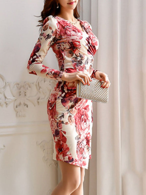 Sexy V-Neck Floral Printed Bodycon Dress