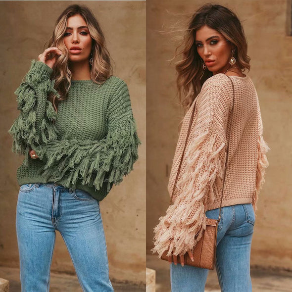 Casual Solid O-Neck tassel Knitting Sweater