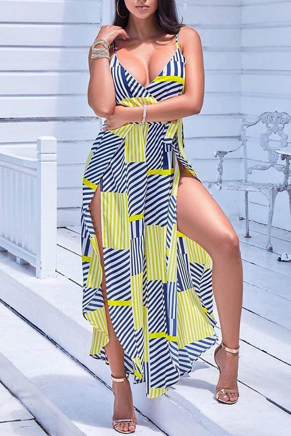 Fashion Printed Belted Wide Leg Split Jumpsuit