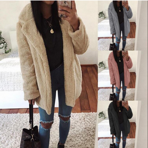 Fashion Pure Color Long Sleeve Plush Cardigan Coat