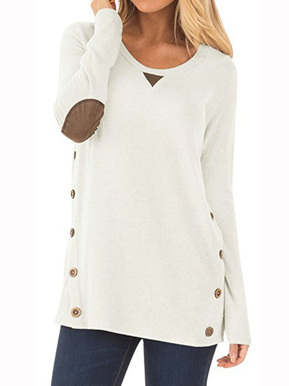 New Solid O-Neck Long Sleeve Patch Button T-shirt