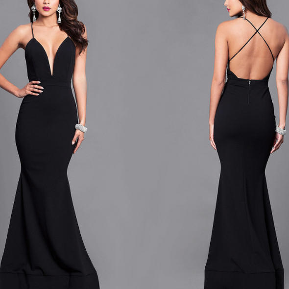 Deep V Neck Backless Evening Dresses