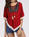 New Fringed Printed Bat Sleeve T-Shirt