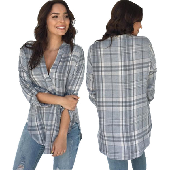 New Plaid Deep V-neck Long Sleeve T-Shirt