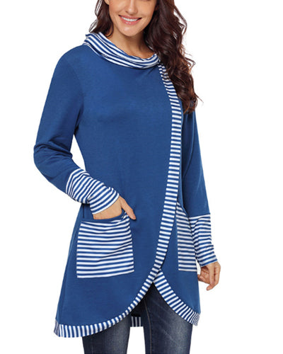 High Collar Striped Collage Pocket Long Sleeve Sweatshirt