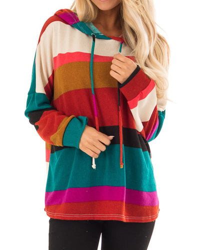 New Rainbow Stripe Loose Hooded Sweater