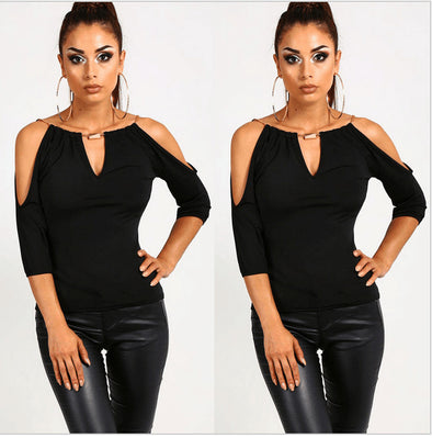 Open Shoulder V Neck Hollow Out Plain T-Shirts