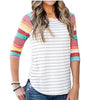 Striped Colorblocked Seven-Point Sleeve O-Neck T-Shirt