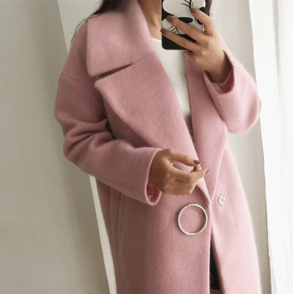 Long-Sleeved Solid Color Lapel Woolen Coat