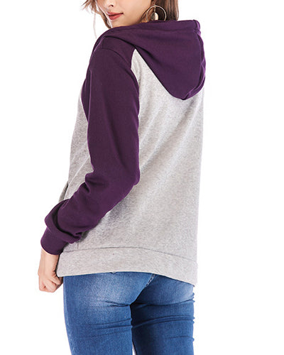 Loose Hooded Colorblock Long Sleeve Zip Sweater