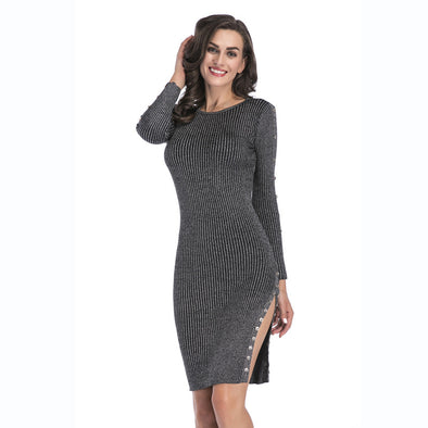 New button split bag hip knit dress