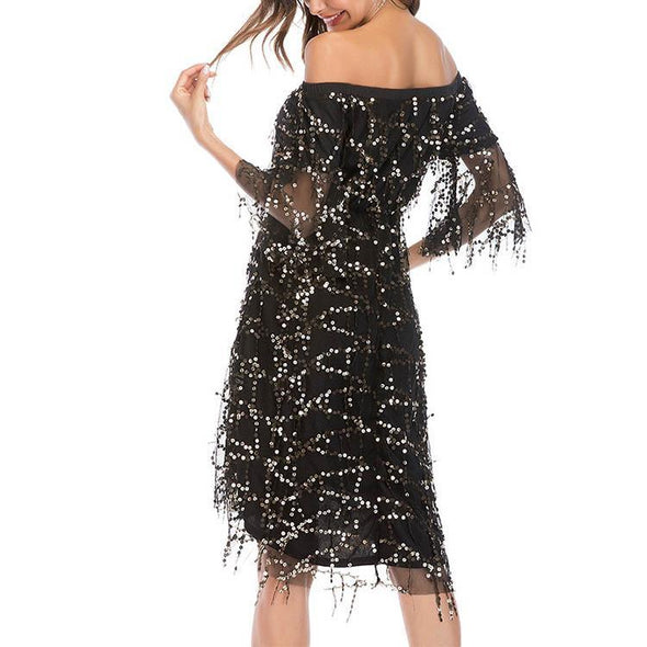 Off Shoulder Flare Sleeve Sequin Irregular Evening Dress