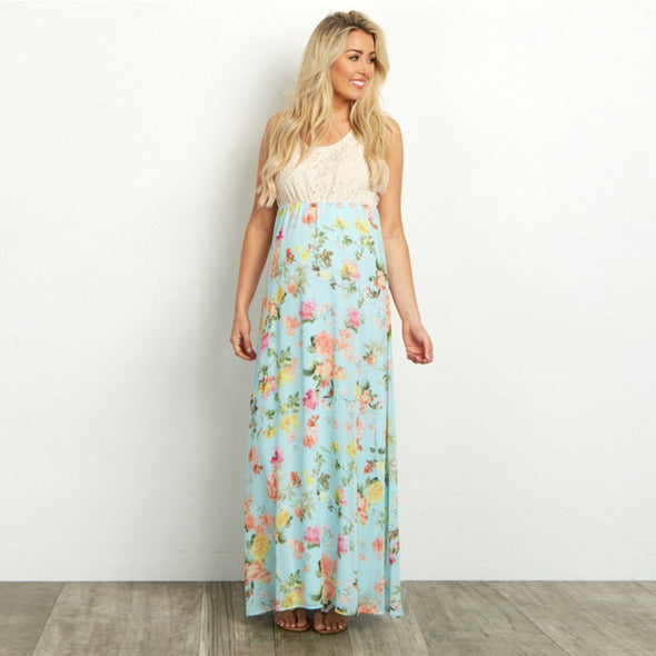 Sexy Lace Stitching Sleeveless Print Maxi Dress