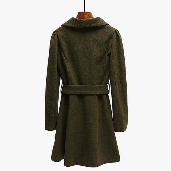 Pure Color Bandage Long Sleeve Woolen Coat