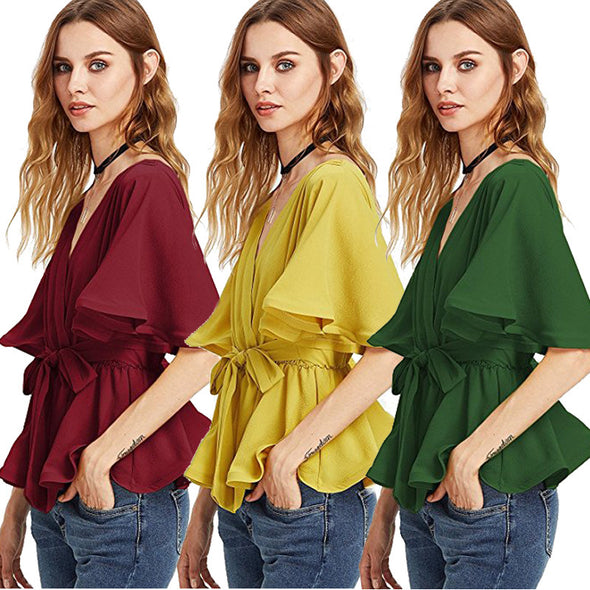 Fashion V-neck solid color with trumpet sleeve chiffon shirt