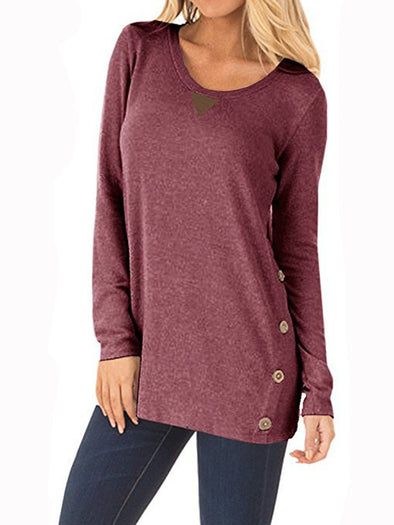 New Solid O-Neck Long Sleeve Patch Button T-shirt