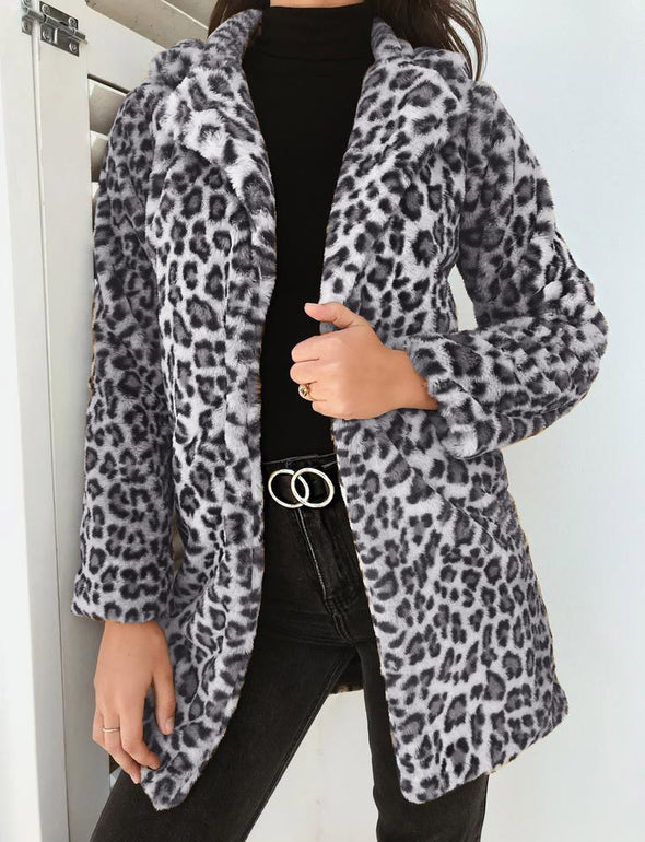 Sexy Lapel Plush Leopard Slim Fit Jacket