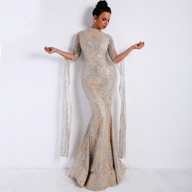 High Collar Long Sleeve Sequins Elegant Evening Dress