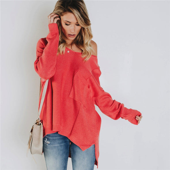 Solid Color Backless Pocket V- neck Sweaters