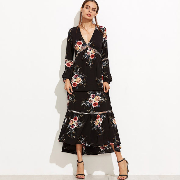 Casual Printed Deep V-Neck Hollow Bohemian Maxi Dress