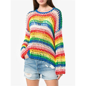 Loose Hand-Woven Striped Rainbow Long Sleeve Sweater