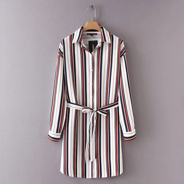 Stripe Bandage Long Sleeve Shift Dresses