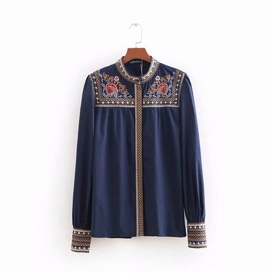 Women's Embroidered Stand-Up Collar Bubble Long-Sleeved Shirt