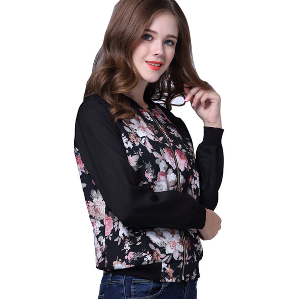 Print Zipper Long Sleeve Round Neck Jackets