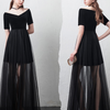 Off Shoulder Short Sleeve Net Yarn V-Neck Evening Dress