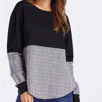 Fashion Stitching Plaid T-shirt Sweatshirt