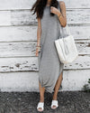 Simple Solid Sleeveless Hem Split Cotton Maxi Dress