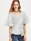 Fashion V-neck solid color with trumpet sleeve chiffon shirt