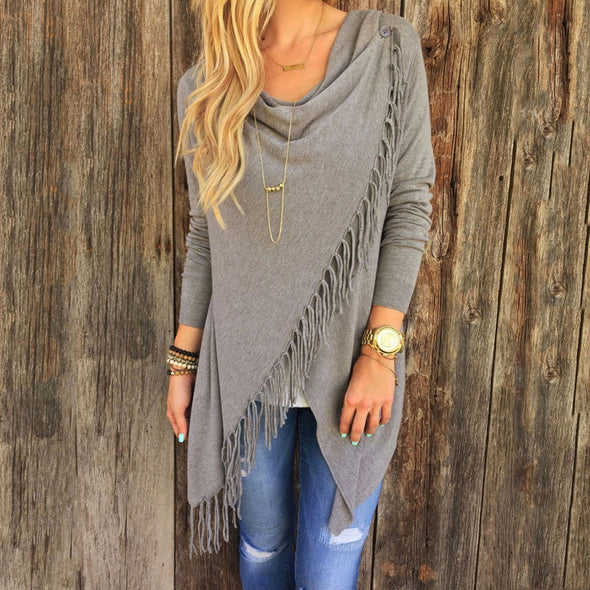 Asymmetric Hem Tassel  Plain Cardigans