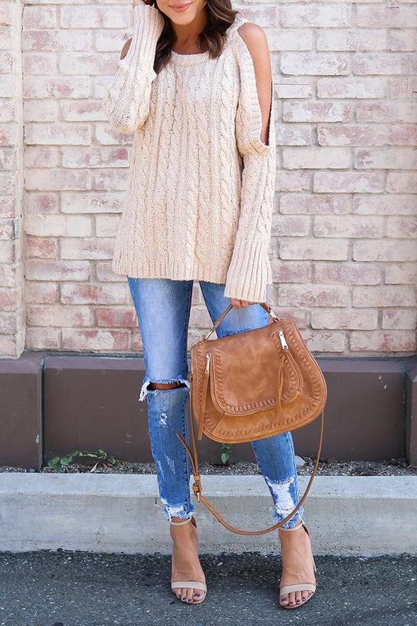 Open Shoulder  Cutout  Plain Sweaters